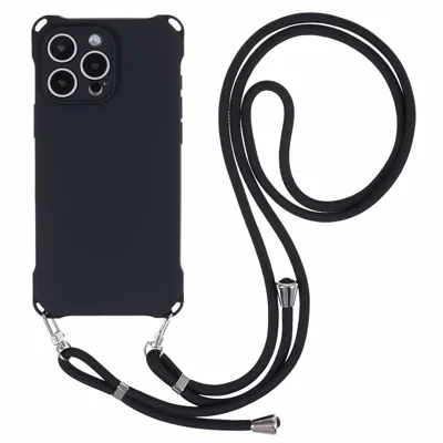 For iPhone 16 Pro Case Four Corner Anti Drop TPU Phone Cover with 150cm Hanging Rope - Black