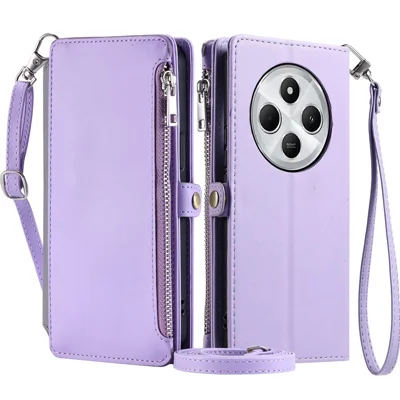 015 Style For Xiaomi Poco C75 4G / Redmi 14R 5G / 17C 4G / 14C 4G Case TPU+PU Leather Wallet Phone Cover with Straps - Purple