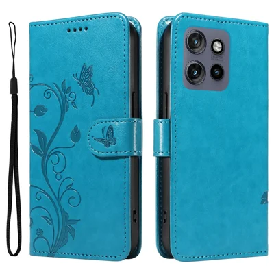 For Motorola Edge 60 Neo 5G / Edge 50 Neo 5G / Moto S50 5G / ThinkPhone 25 5G PU Leather Cases Flower Pattern Wallet Stand Phone Cover with Strap - Blue