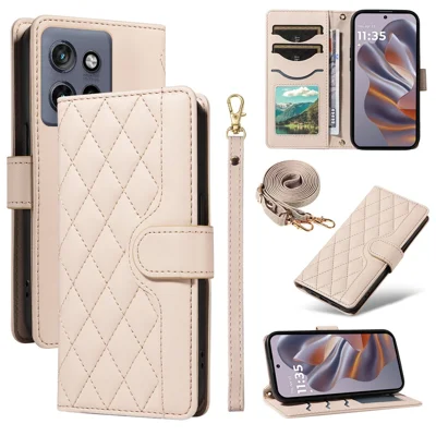 For Motorola Edge 60 Neo 5G / Edge 50 Neo 5G / Moto S50 5G / ThinkPhone 25 5G Case Wallet Rhombus Leather Phone Cover with Shoulder Strap, Wrist Strap - Apricot