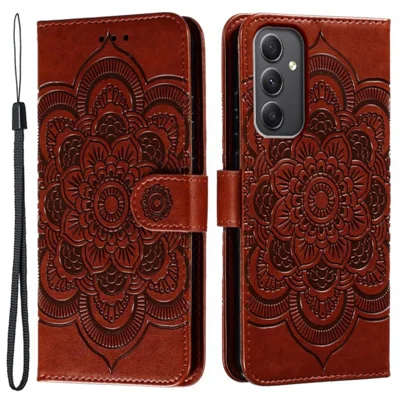 For Samsung Galaxy A15 4G / 5G Case PU Leather Mandala Imprinted Design Wallet Phone Cover - Brown