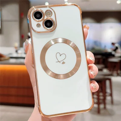 Voor iPhone 14 Hoesje Compatibel met MagSafe Gegalvaniseerd TPU Telefoonhoesje Holle Hartjes - Ivoorwit