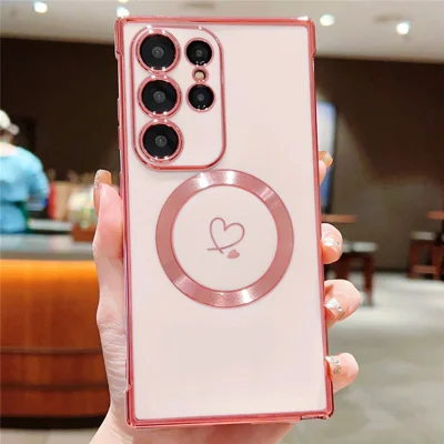 Voor Samsung Galaxy S23 Ultra Hoesje Compatibel met MagSafe Gegalvaniseerd TPU Telefoonhoesje Holle Hartjes - Roze Roze