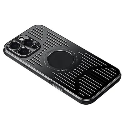 For iPhone 16 Pro Max Case Back Hollow Heat Dissipation Aluminum Alloy Phone Cover - Black