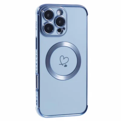 For iPhone 16 Pro Max Case Compatible with MagSafe Electroplated Love Hearts TPU Phone Cover with Chain Strap - Blue