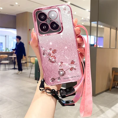 KADEM For Xiaomi 14T Pro Case Flower Pattern TPU Gradient Phone Cover with Lanyards - Rose Gold