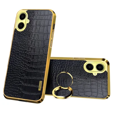 For Samsung Galaxy A06 4G Case Finger Ring Kickstand TPU+Leather 6D Electroplating Phone Cover - Black