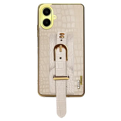 For Samsung Galaxy A06 4G Case Wristband Kickstand PU Leather+TPU 6D Electroplating Phone Cover - White