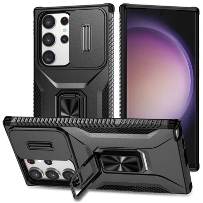 Zwart telefoonhoesje voor Samsung Galaxy S23 Ultra met Camshield, kickstand en antislipbeveiliging van TPU+PC