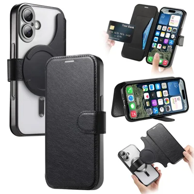 CASENEO For iPhone 16 Plus Case with Lens Film TPU Inner Shell Detachable Leather Phone Cover - Black