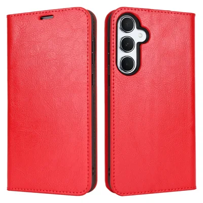For Samsung Galaxy S24 FE Case Crazy Horse Texture Split Leather Wallet Phone Cover - Red