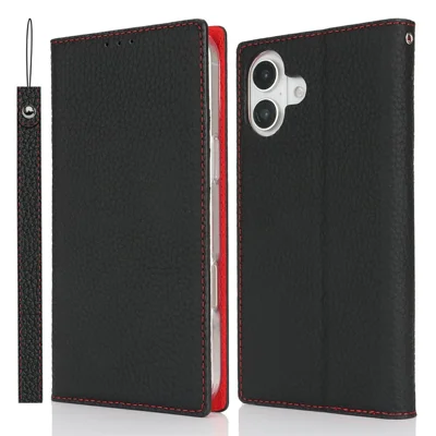 For iPhone 16 Plus Wallet Case Genuine Cow Leather Phone Cover Litchi Texture - Black
