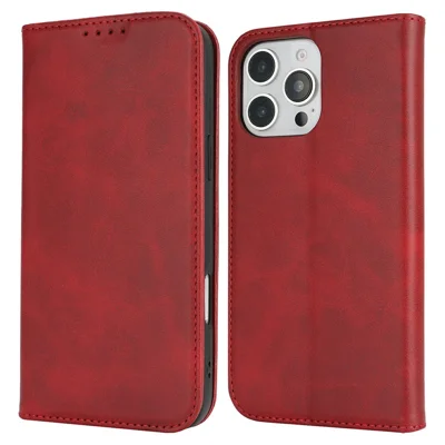 Voor iPhone 16 Pro hoesje PU leer Kalfstextuur Magnetische sluiting Slimme telefoonhoes - Rood