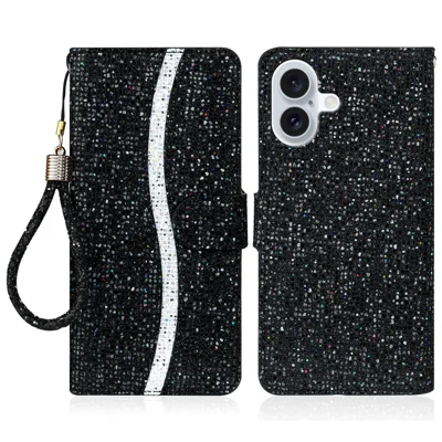 Til iPhone 16 Case PU Læder Wallet Kortholder Glitter Telefonbeskyttelse - Sort