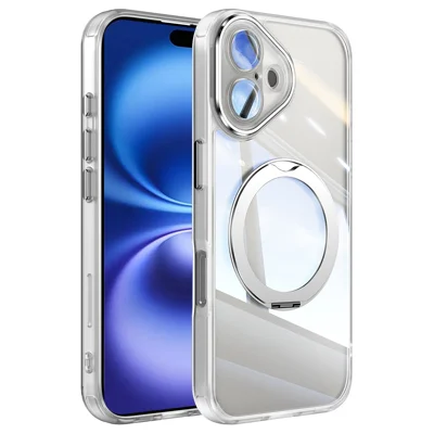 For iPhone 16 Plus Case Rotatable Magnetic Kickstand TPU+PC Phone Cover with Lens Film - Transparent White
