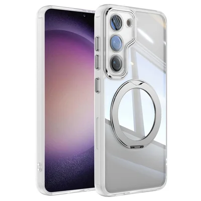 For Samsung Galaxy S23 Case Rotatable Magnetic Kickstand TPU+PC Phone Cover with Lens Film - Transparent White