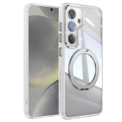 For Samsung Galaxy S24+ Case Rotatable Magnetic Kickstand TPU+PC Phone Cover with Lens Film - Transparent White