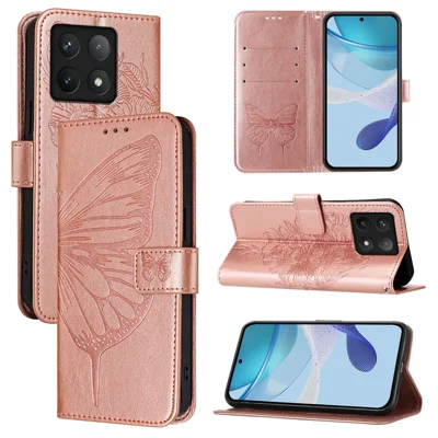 For Xiaomi 14T Pro Wallet Case with Wrist Strap Butterfly Imprint Leather Phone Cover -  Rose Gold