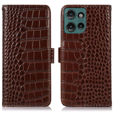 For Motorola Edge 60 Neo 5G / Edge 50 Neo 5G / Moto S50 5G / ThinkPhone 25 5G Case Crocodile Texture Genuine Cow Leather Phone Wallet Cover - Brown