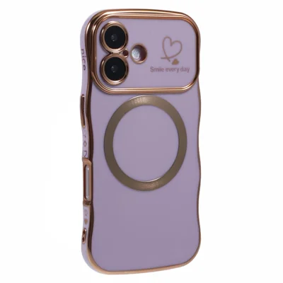 For iPhone 16 Magnetic Case Electroplating Curly Frame TPU Phone Cover Large Window - Purple