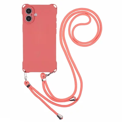 For iPhone 16 Case Four Corner Anti Drop TPU Phone Cover with 150cm Hanging Rope - Red