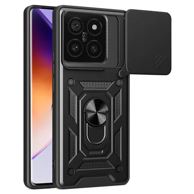 For Xiaomi 14T Pro Case with Slide Camera Lid PC+TPU Kickstand Phone Cover - Black