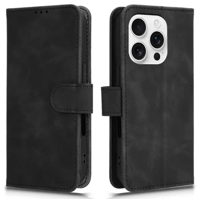 For iPhone 16 Pro Max Leather Case Skin-Feel Anti-Drop Wallet Flip Phone Cover - Black