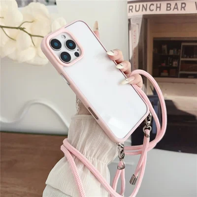 Voor iPhone 16 Pro hoesje TPU+PC transparant achterpaneel met lanyard - Roze
