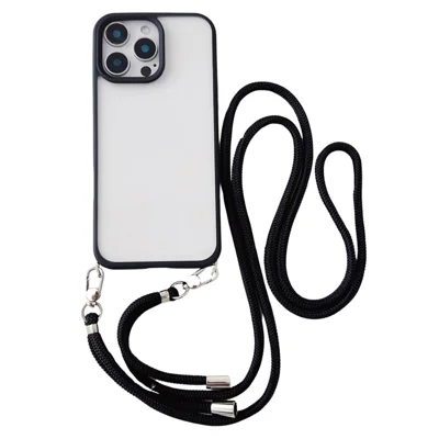 For iPhone 16 Pro Max Case TPU+PC Crystal Clear Back Cover with Lanyard - Black