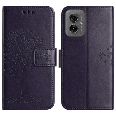 Voor Motorola Moto G55 5G Hoesje PU Leren Uil Boom Afgedrukt Portemonnee Telefoonhoesje - Donkerpaars