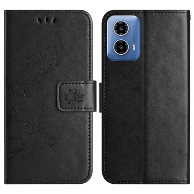 For Motorola Moto G35 5G Case Wallet Stand Imprinted Butterfly Flower PU Leather Phone Cover - Black