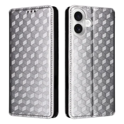 For iPhone 16 Plus Wallet Case Rhombus Imprinted Leather Phone Cover - Silver
