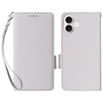 For iPhone 16 Plus Case with Wrist Strap Litchi Texture PU Leather Wallet Phone Cover - White