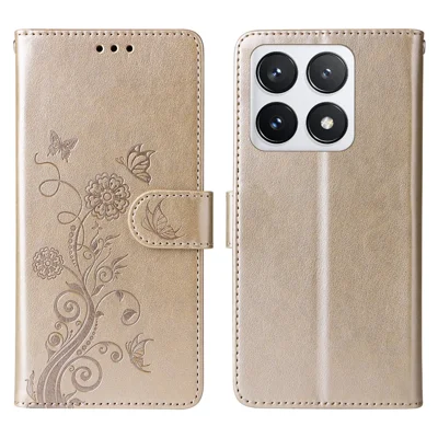 For Xiaomi 14T Pro Leather Case Butterfly Floral Imprint Wallet Stand Cover - Gold