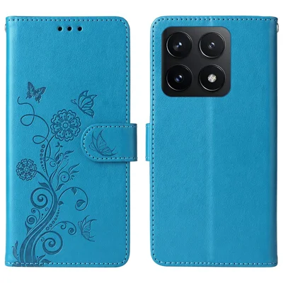 For Xiaomi 14T Leather Case Butterfly Floral Imprint Wallet Stand Cover - Blue