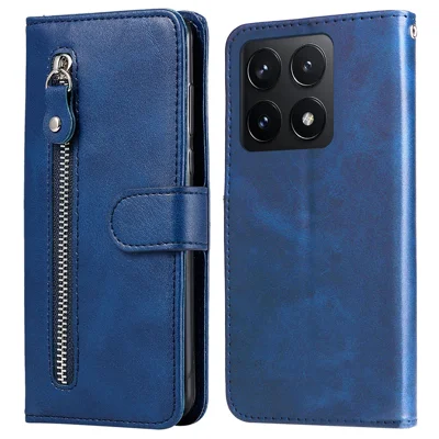 For Xiaomi 14T Case Zipper Wallet Calf Texture PU Leather Phone Cover - Blue