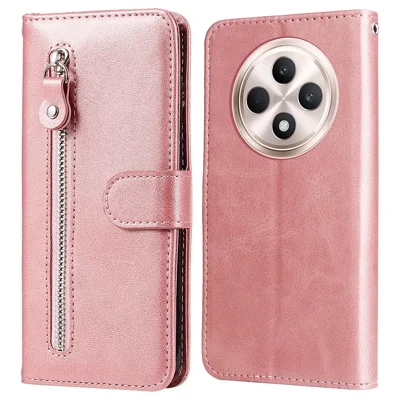 For Oppo Reno12 F 4G Case Zipper Wallet Calf Texture PU Leather Phone Cover - Pink