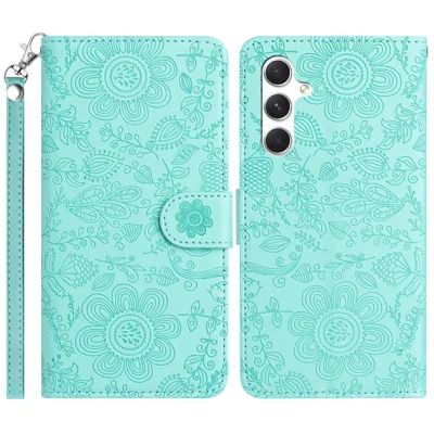 For Samsung Galaxy A15 4G / 5G Case Flower Imprint Leather Flip Wallet Phone Cover with Wrist Strap - Light Green