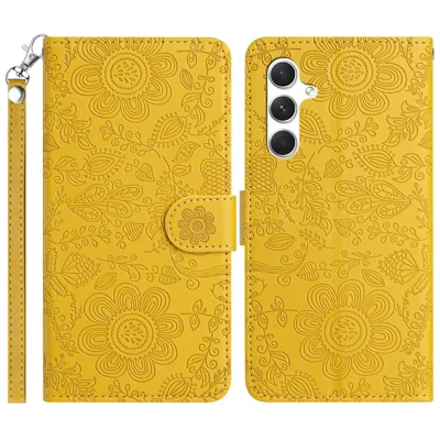 For Samsung Galaxy S25 / S24 Case Flower Imprint Leather Flip Wallet Phone Cover with Wrist Strap - Yellow