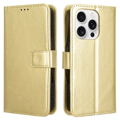 For iPhone 16 Pro Case Crazy Horse Texture PU Leather Phone Wallet Cover - Gold