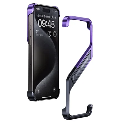 For iPhone 16 Pro Max Frameless Case S-Shaped Aluminium Alloy Phone Cover with Kickstand - Purple