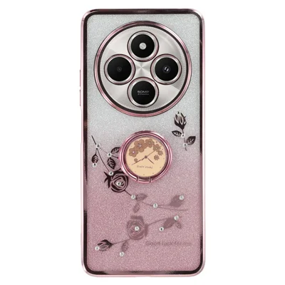 KADEM For Xiaomi Poco C75 4G / Redmi 14R 5G / 14C 4G Case Ring Kickstand TPU Flowers Phone Cover Gradient Glitter - Rose Gold