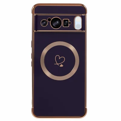 For Google Pixel 8 Pro Magnetic Case Electroplated TPU Phone Cover Hollow Love Hearts - Dark Purple