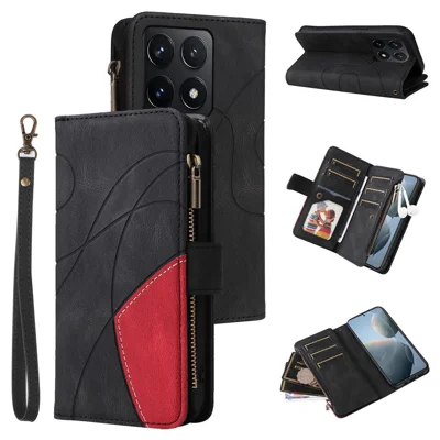 For Xiaomi 14T Leather Case with Strap Zipper 9 Card Slot Phone Cover Stand - Black