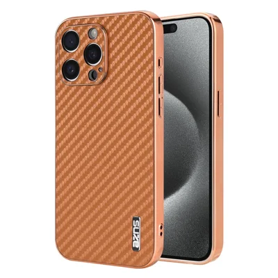 AZNS For iPhone 15 Pro Max Case Electroplating Carbon Fiber Texture PU+TPU Phone Cover - Brown