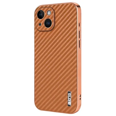 AZNS For iPhone 14 Case Electroplating Carbon Fiber Texture PU+TPU Phone Cover - Brown