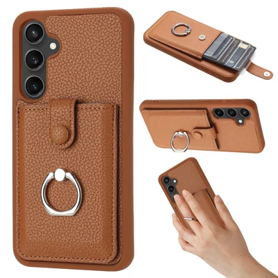 For Samsung Galaxy A15 4G / 5G Case Drawing Type Card Slots Litchi Texture Leather Back Cover with Ring Kickstand - Brown