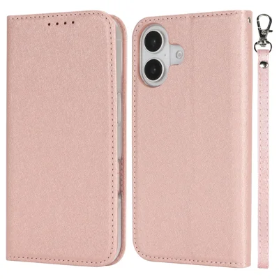 Voor iPhone 16 hoesje PU leer zijdeachtige textuur magnetische flip telefoonhoes - Roségoud