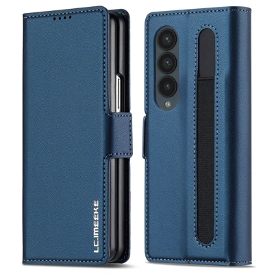 LC.IMEEKE L1 For Samsung Galaxy Z Fold4 5G Stand Case Texture PU Leather Wallet Phone Cover - Blue