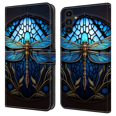 For Samsung Galaxy A14 4G / 5G Case Pattern Printed Protective Cover TPU+PU Leather Flip Phone Case - Blue Dragonfly